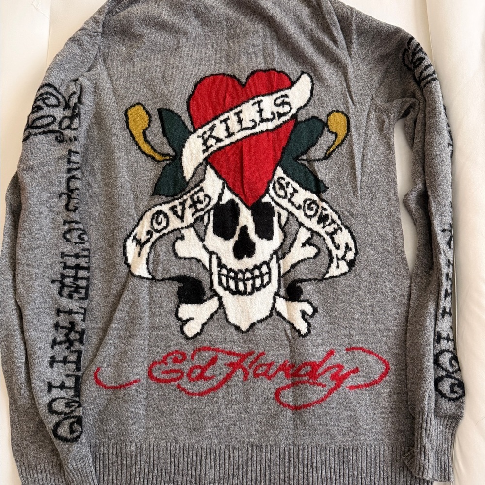 Ed Hardy Gray Skull Graphic Sweater